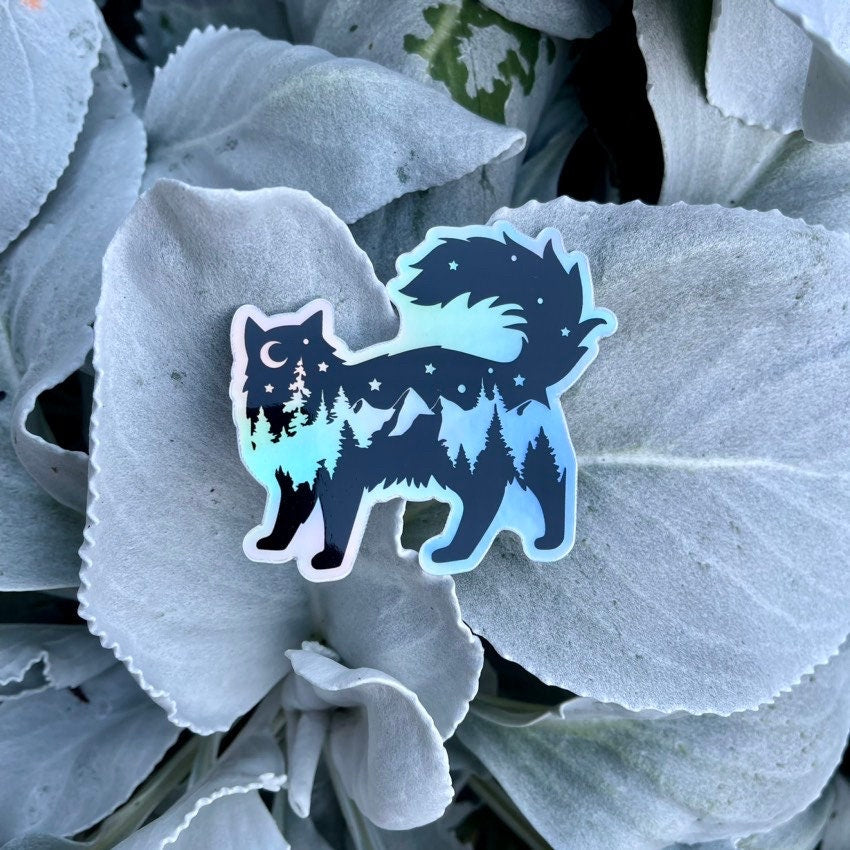 Holographic Adventure Cat Stickr, PNW long haired cat holographic sticker, Nature cat, Cat Paw Print, Adventure hydroflask sticker, PNW