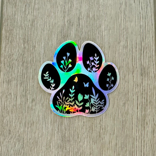 Holographic Wildflower Paw Print, Dog Paw Print  holographic sticker, Nature dog sticker, Cat Paw Print, Adventure hydroflask sticker, PNW